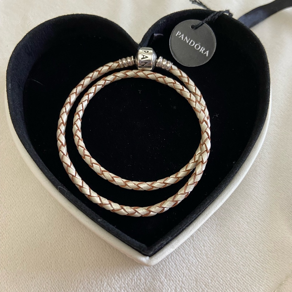Pandora Double Braided Leather Bracelet - Cream and Brown.  Size is 13.5” long
